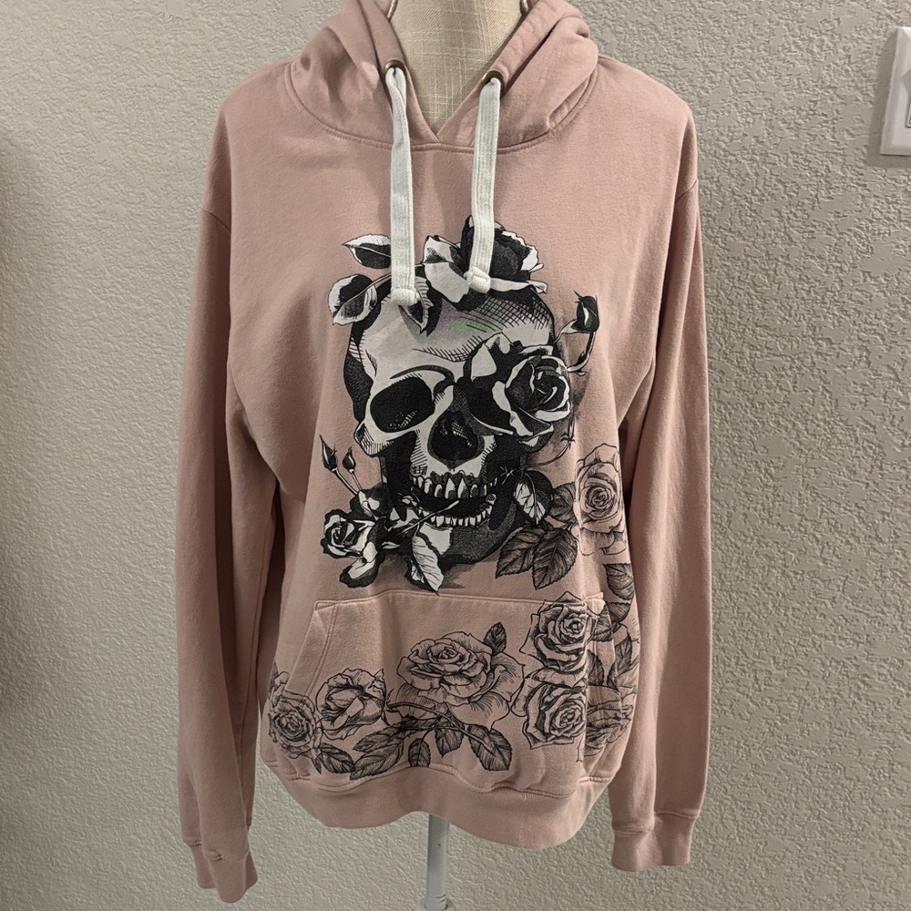 Blind Rooster Pink Good Vibes Hoodie with Skull and Rose Graphic Design Large